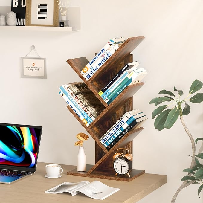 SHEEPAM 5 Tier Tree Book Shelf, Small Desktop Bookshelf