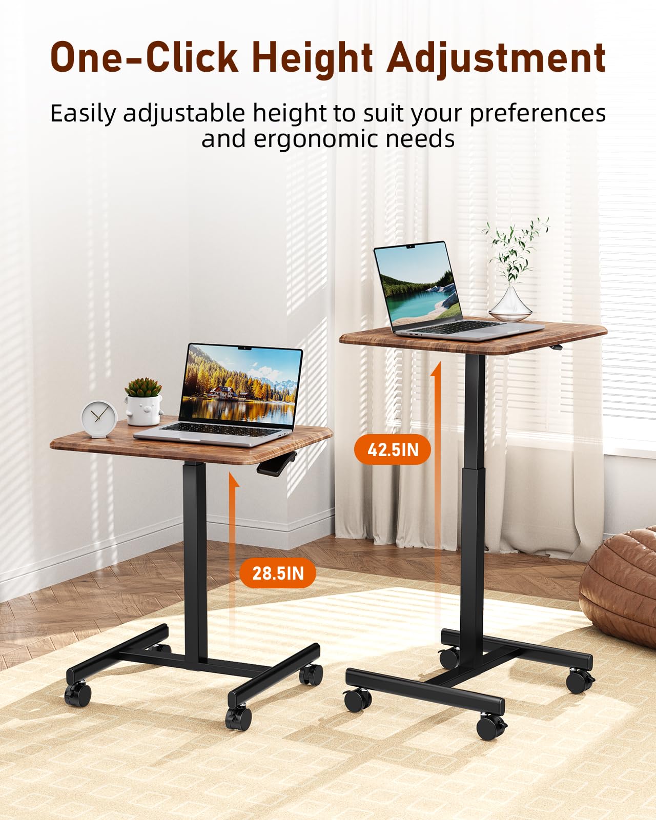 Simple Deluxe Standing Desk with Lockable Wheels, Mobile Stand Up Desk, Adjustable Height, Portable Laptop Desk, Small Computer Standing Table, Sit Stand Brown