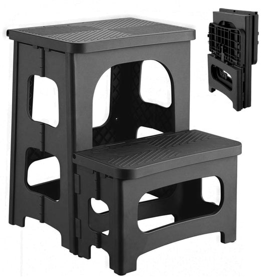 2 Step Stool Foldable, Non-Slip Steps, Folding Step Stool for Adults & Kids, Plastic Stool Pool Ladder, Collapsible Stools 2 Step Ladder for Kitchen Toilet Bedroom Office RV, Holds 330 lbs, Black