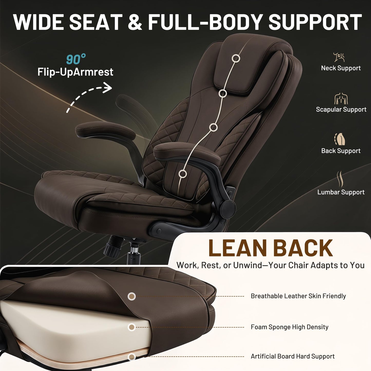 Hayelf Ergonomic Office Chair, PU Leather High Back Executive Chair with Adjustable Inflatable Lumbar Support and Padded Flip-Up Arms, Recline Swivel Task Computer Chair for Home Office, Dark Brown