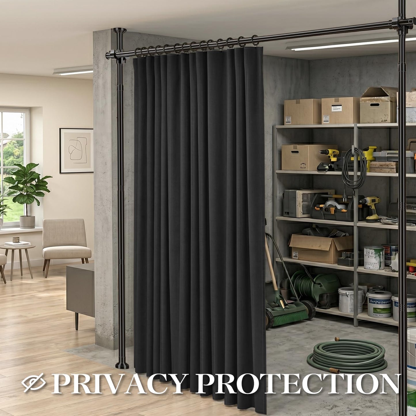 GONNRLY Room Divider Curtains, No Drill Privacy Curtain Set with Retractable Rod, Tool-Free Blackout Room Divider for Bedroom Black-100 W x 84" L(Pack of 1)