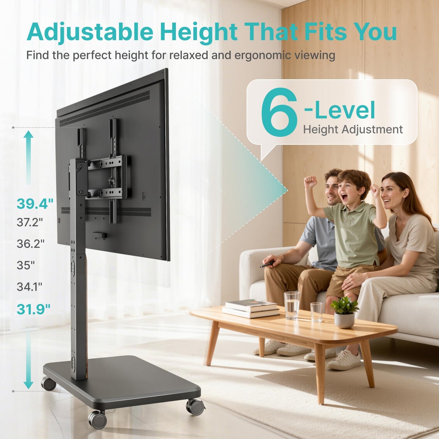 Pegzone TV Rolling Cart for 32-85 Inch LCD LED OLED Screen up to 132 Lbs, Adjustable Mobile TV Stand for Bedroom Living Room, Swivel TV Mount with Wheels, Max VESA 600 * 400mm, Black