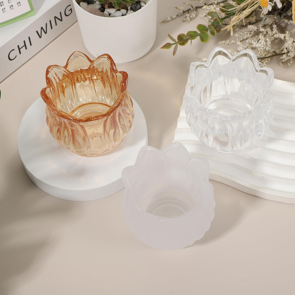 uxcell Glass Tea Light Candle Holder, Tulip Crystal Glass Votive Candle Holder for Desk Table Centerpiece, Wedding, Party, and Home Decor(White)