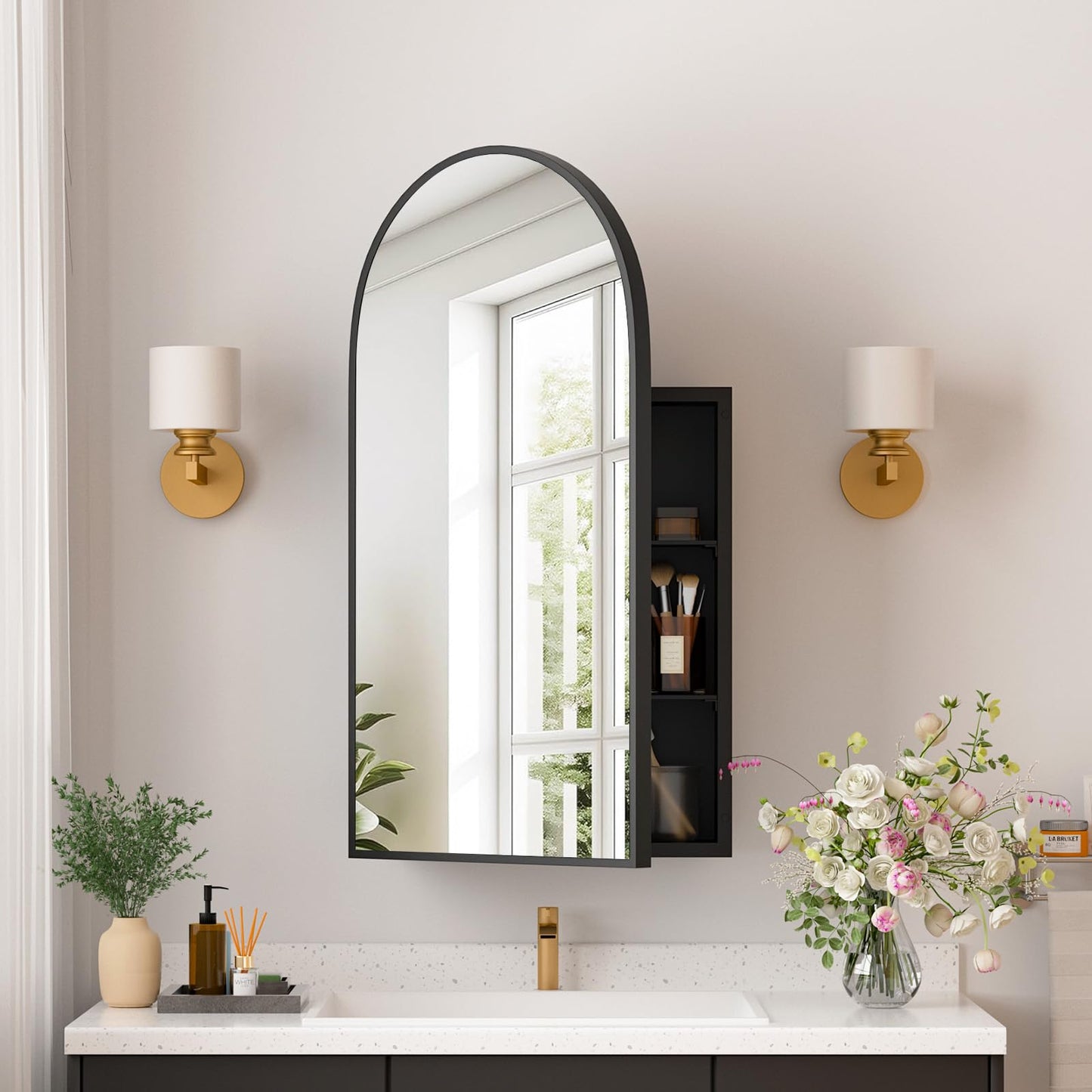 YTSMIR Medicine Cabinets for Bathroom, Black Arched Medicine Cabinet Recessed or Surface Wall-Mounted,Modern Bathroom Vanity Mirror with Storage, Mirrored Cabinet with Adjustable Shelves,16x31 Inch