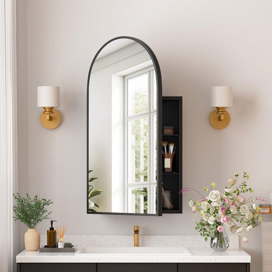 YTSMIR Medicine Cabinets for Bathroom, Black Arched Medicine Cabinet Recessed or Surface Wall-Mounted,Modern Bathroom Vanity Mirror with Storage, Mirrored Cabinet with Adjustable Shelves,16x31 Inch