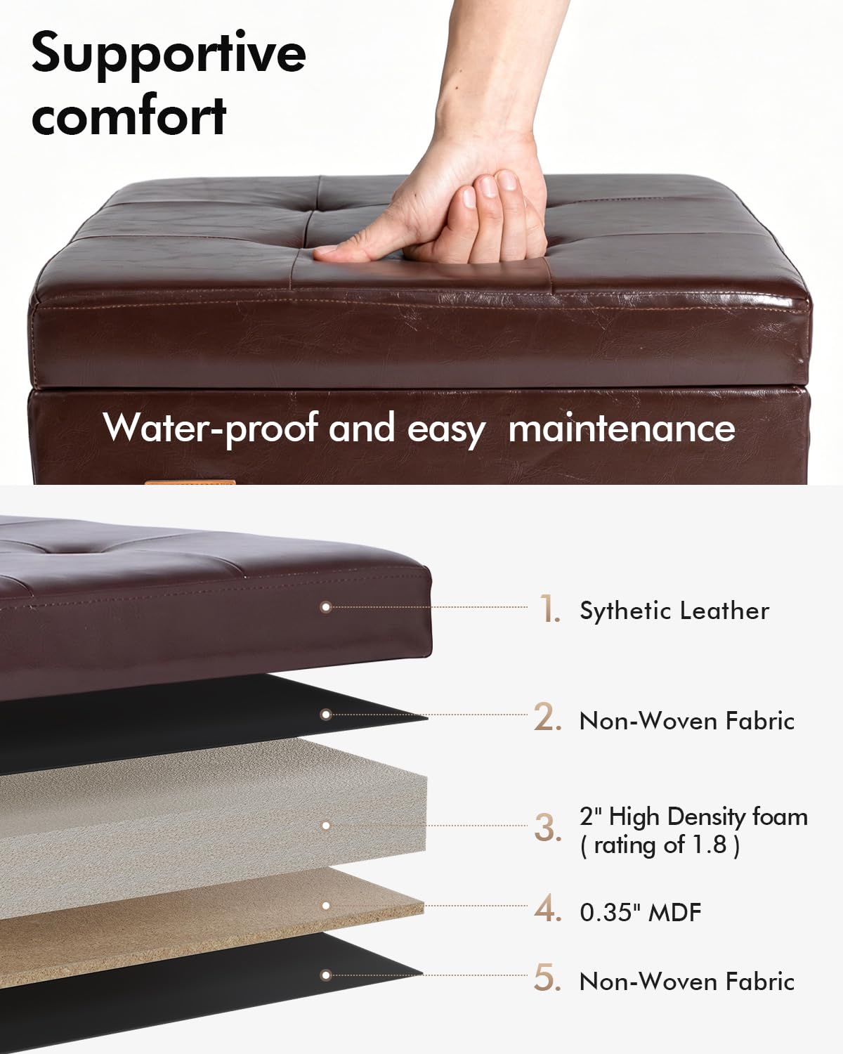 ABHENG Synthetic Leather Cover Steel Frame Ottoman with 48L Storage,17.7" x 17.7" x 17.7" Square Storage Ottoman Stool Cube with Legs,for Dorm Livingroom Brown UASND63R