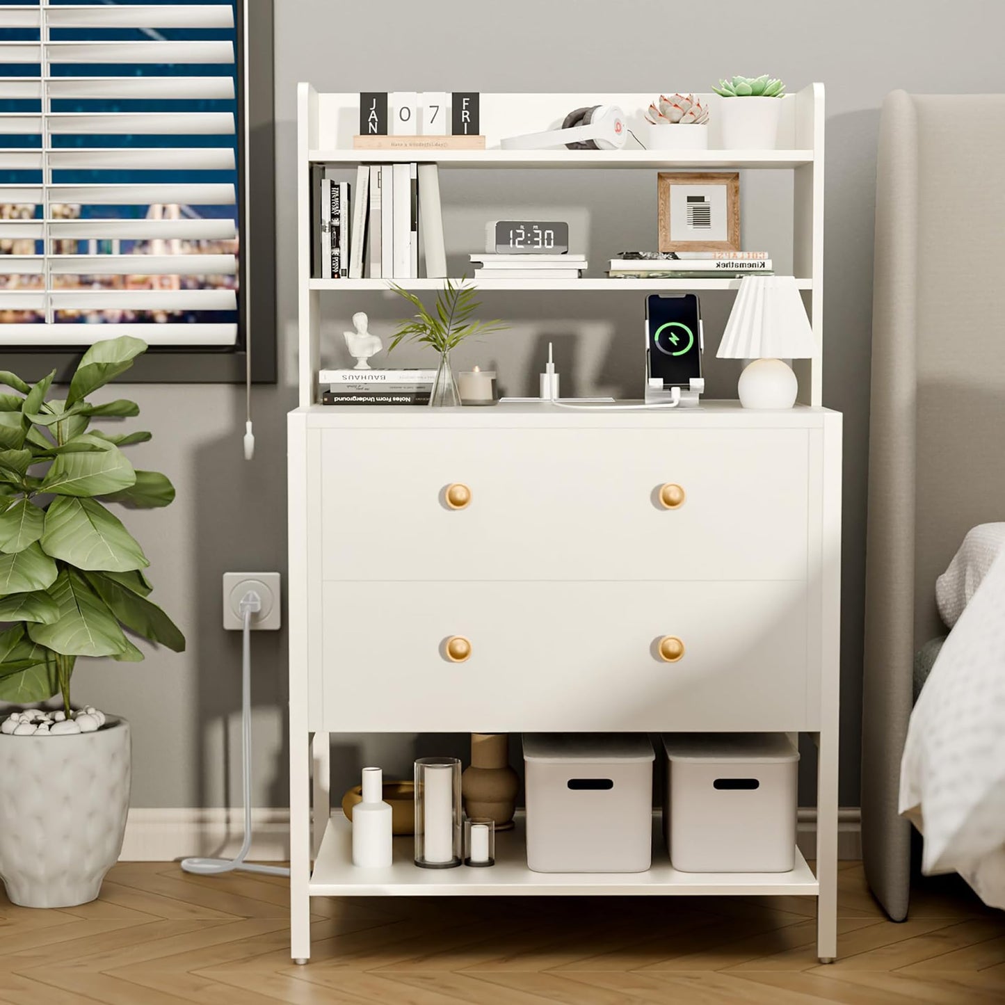 PATAVOT 24 Inch Wide Night Stand, Large Wooden Night Stand with 2 Adjustable Drawes, Tall Nightstand with 4-Tier Shelves and Charging Station, Bedside Table for Living Room/Bedroom/Office, White.