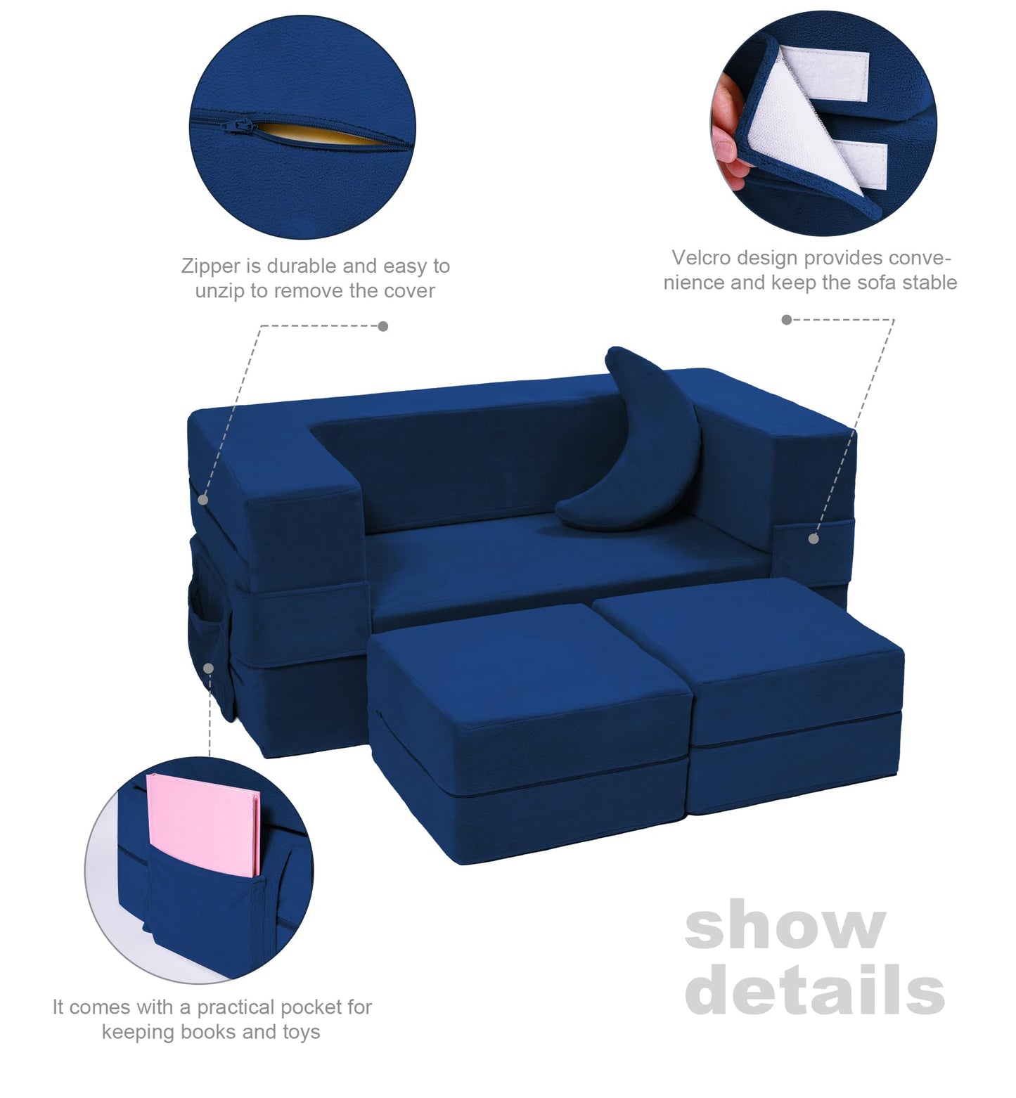 Elftopia Modular Kids Sofa,Toddler Couch Foam Armchair for Kids, Children Convertible Plush Sofa Play Set,Fold Out SofaBed(Navy)