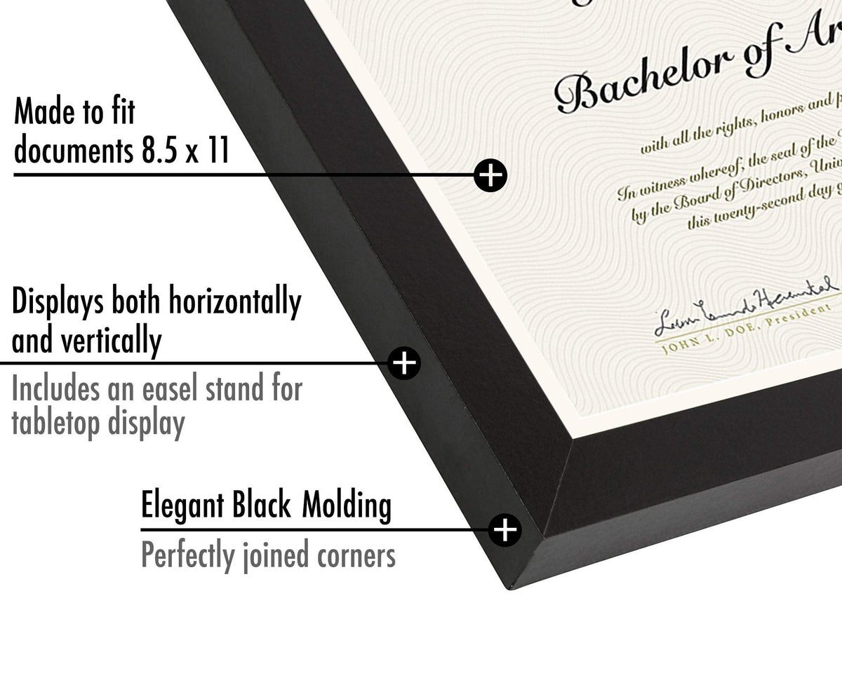 Americanflat 8.5x11 Diploma Frame with Shatter-Resistant Glass - Document Frames with Engineered Wood - Legacy Collection - Certificate Frame for Tabletop and Wall Display - Black