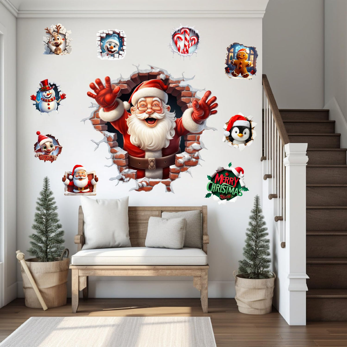 XUOIAYNB Large 3D Santa Claus Christmas Wall Stickers,Snowman Gingerbread Man Reindeer Candy Vinyl Wall Decals, Removable Winter Holiday Xmas Break Through Wall Art for Kids Bedroom Playroom Decor