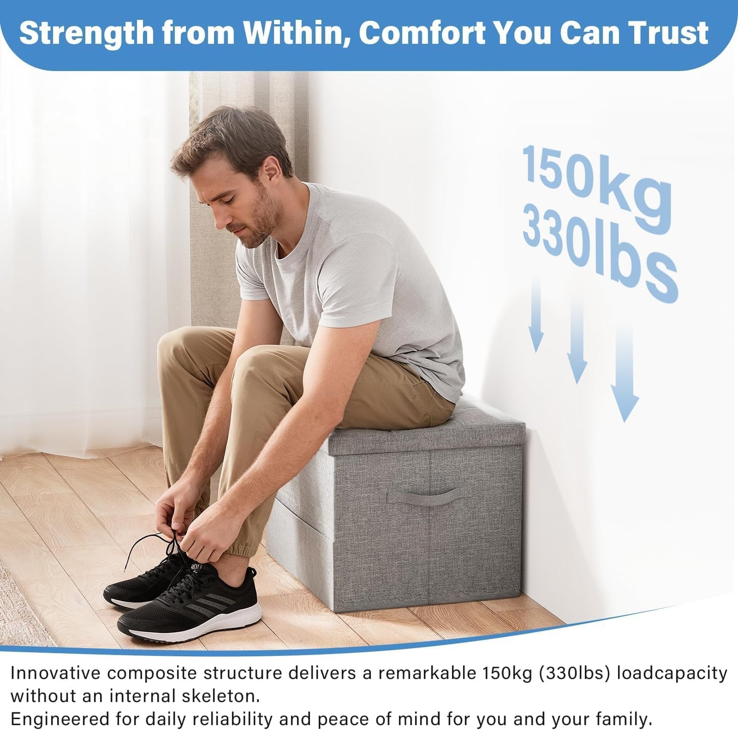 Dayacoco Storage Ottoman Foot Rest Stool, Foldable Foot Rest Stool with Thicker Foam Padded Seat, 43L Small Ottoman with Storage, Holds Up to 350lbs, 17x13x13in,Drak Gray