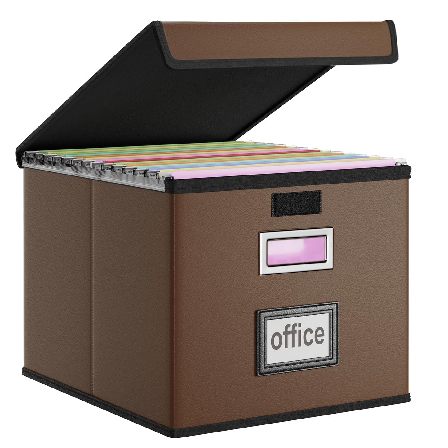Huolewa Faux Leather File Organizer Box with Lid, Collapsible Hanging File Folder Box Organizer with Plastic Slides, Decorative Home/Office Filing Boxes for File and Folder Storage - Dark Brown