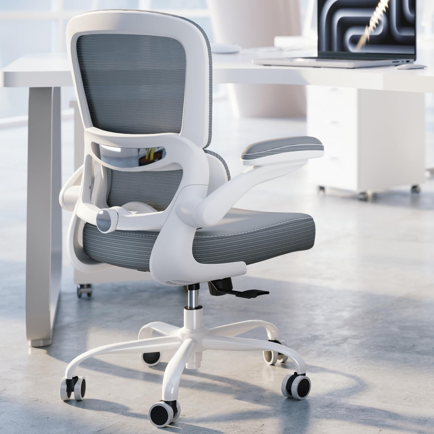 TRALT Ergonomic Office Chair - Desk Chair with Adjustable Lumbar Support Computer Chair - Mesh Comfy Chair with Flip-up Armrests - Gaming Chairs for Adults Home Office (Leather, Grey)