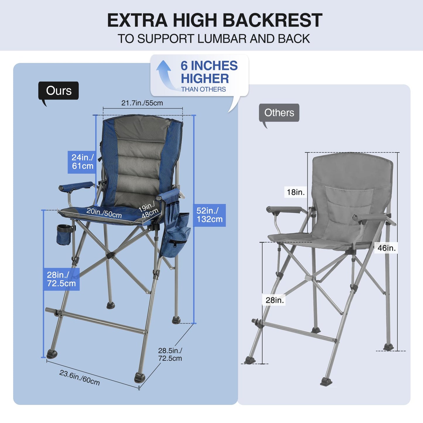 Stonehomy Extra Tall Folding Chairs for Adults 2 Pack, Portable Bar Height Foldable Director Chairs for Camping Outside, Comfortable with Makeup PocketHigh Back and Footrest, Blue and Black