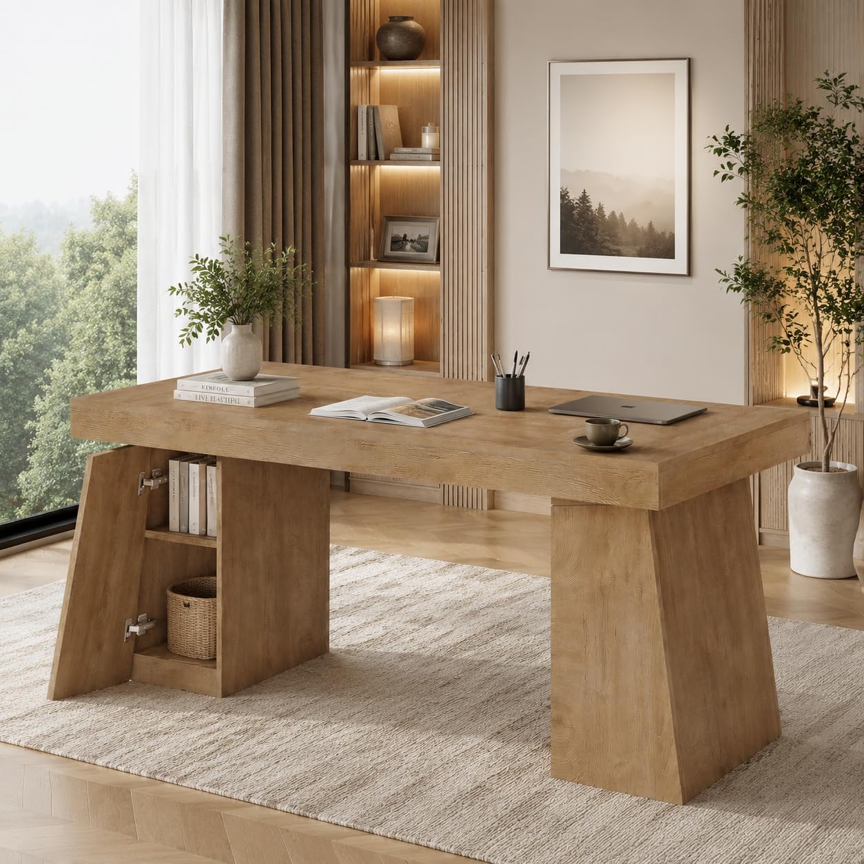 OpuVentorium 55.9" Oak Executive Desk with Power Outlets, Modern Home Office Desk with Storage Cabinet, Wooden Computer Desk for Workstation and Conference Use