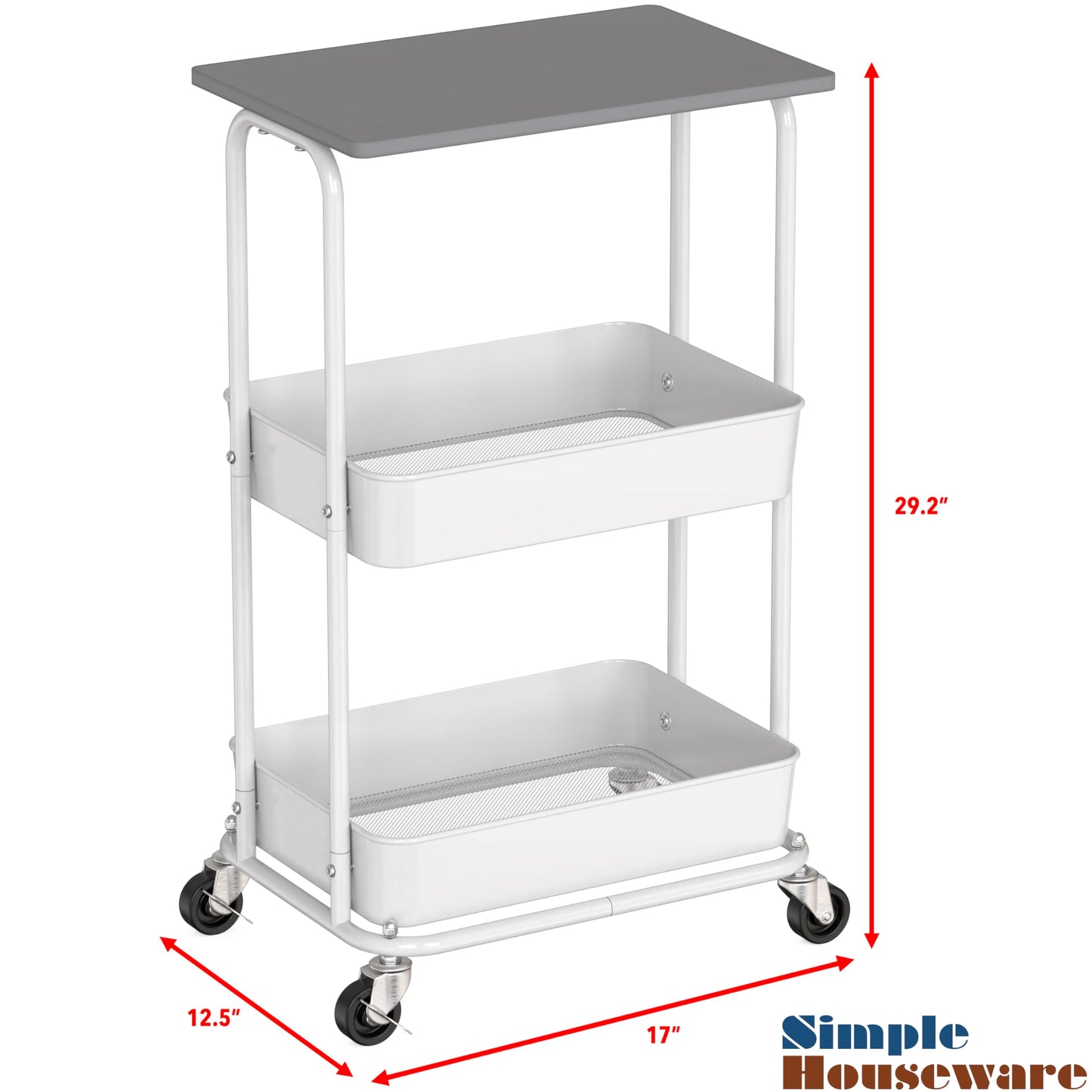 Simple Houseware 2-Tier Rolling Utility Cart with Lockable Wheels and Wood Top, Metal Storage Organizer Trolley for Kitchen, Bathroom, Office, Craft Room, Grey