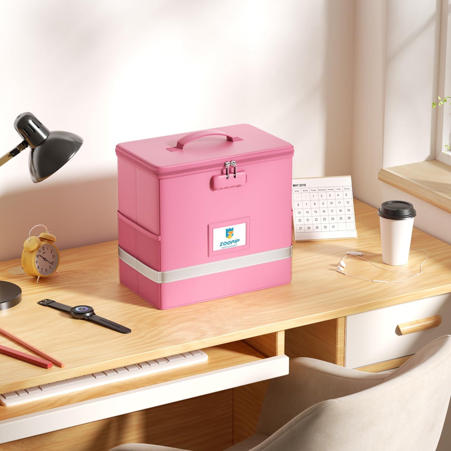 ZOOPIP Fireproof File Box with Lock, Document Box Storage Organizer, Suitable for Hanging File Folders in Letter Size, Collapsible File Box, Reflective Strip for Fast Find (12.2"*6"*10.2, Pink)