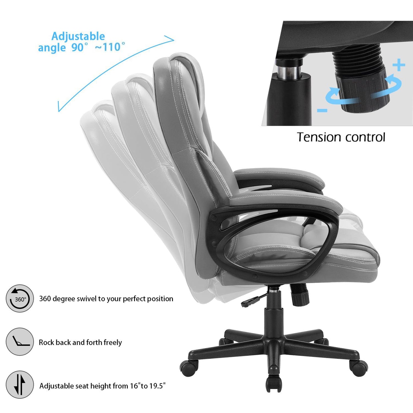Furmax Office Executive Chair High Back Adjustable Managerial Home Desk Chair, Swivel Computer PU Leather Chair with Lumbar Support (1, Gray)