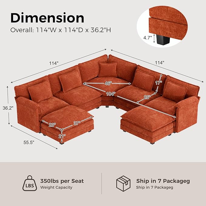 ELUCHANG 114" Oversized V-Shaped Cloud Couch Modular Sectional Sofa