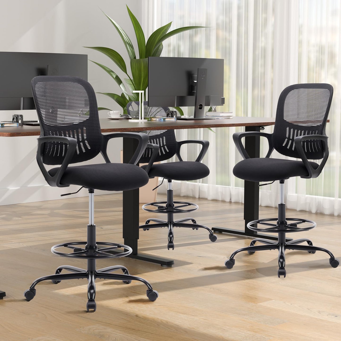 DUMOS Drafting Chair - Counter Height Adjustable Tall Office Desk Chair with Fixed Armrests and Comfortable Lumbar Support for Standing Desk, for Bedroom Livingroom, Black