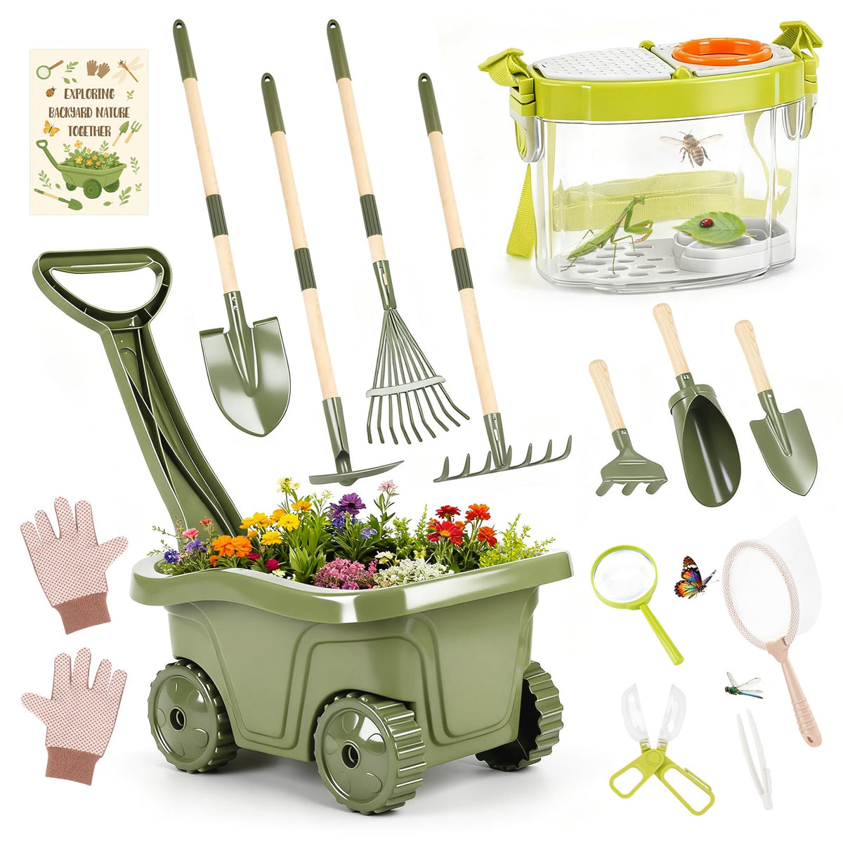 Dreamon Kids Gardening Tools & Bug Catcher Kit, 2-in-1 Outdoor Toys with Wheelbarrow and Bug House, STEM Educational Toys for 3 Year Old, Birthday Gifts Outdoor Gifts for Kids 3-5, Green