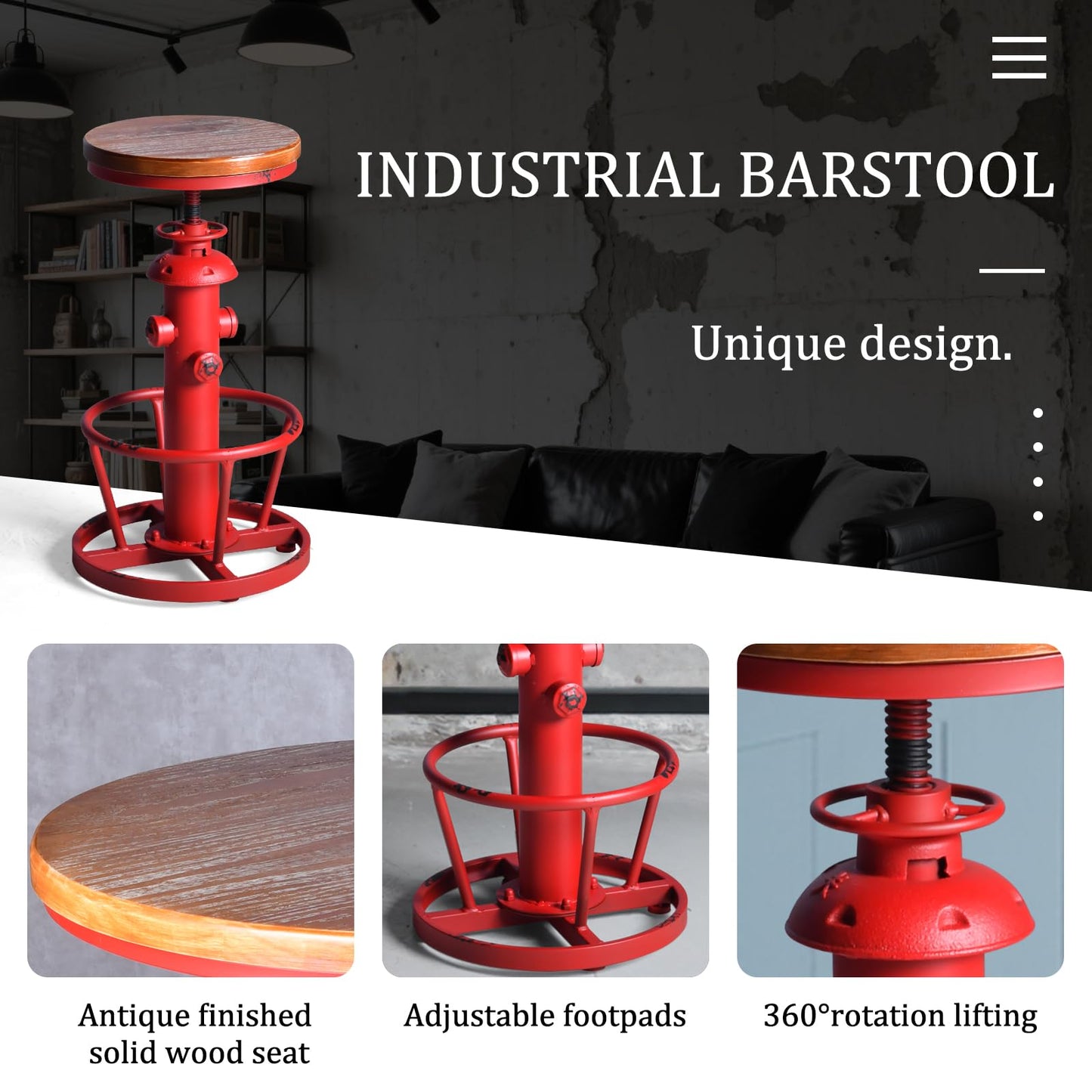 Topower Antique Industrial Round Bottom Adjustable Height Cafe Coffee Retro Vintage Stylish Water Pipe Design Pub Kitchen Bar Stool Antique Red