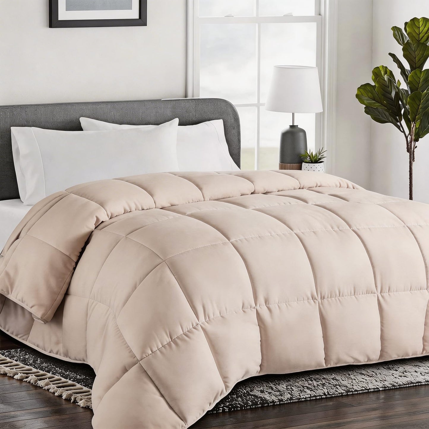 COHOME Premium King Size Comforter, All-Season Quilted Down Alternative Duvet Insert, Luxury Hotel GentleSoft Comforter with Anti-Clump Tech & 8 Tabs - Reversible - Beige 90x102 inches