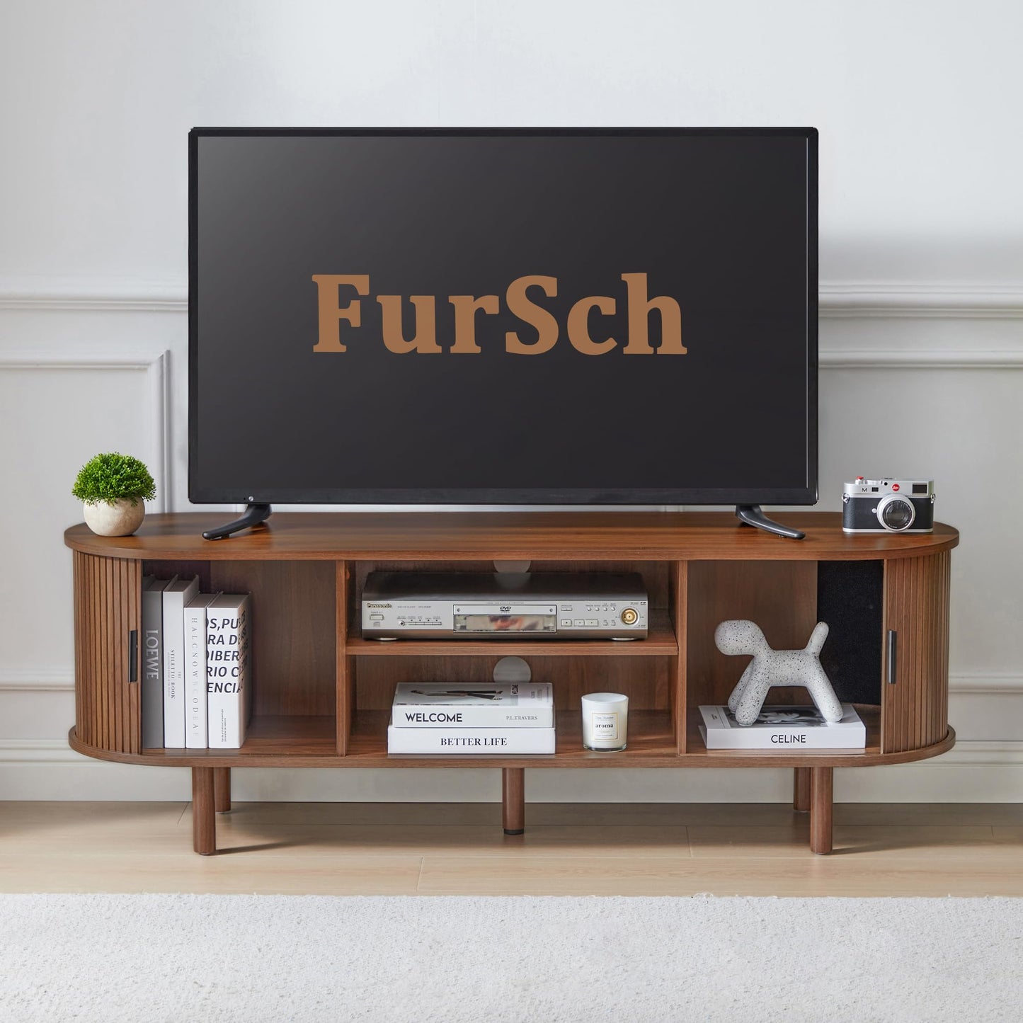 FurSch 53" Tambour Door TV Stand,Wood Mid Century Modern TV Cabinet for Up to 65“ TV,Curved Edge Long TV Stand with Storage for Bedroom Living Room(Walnut, 53inch)
