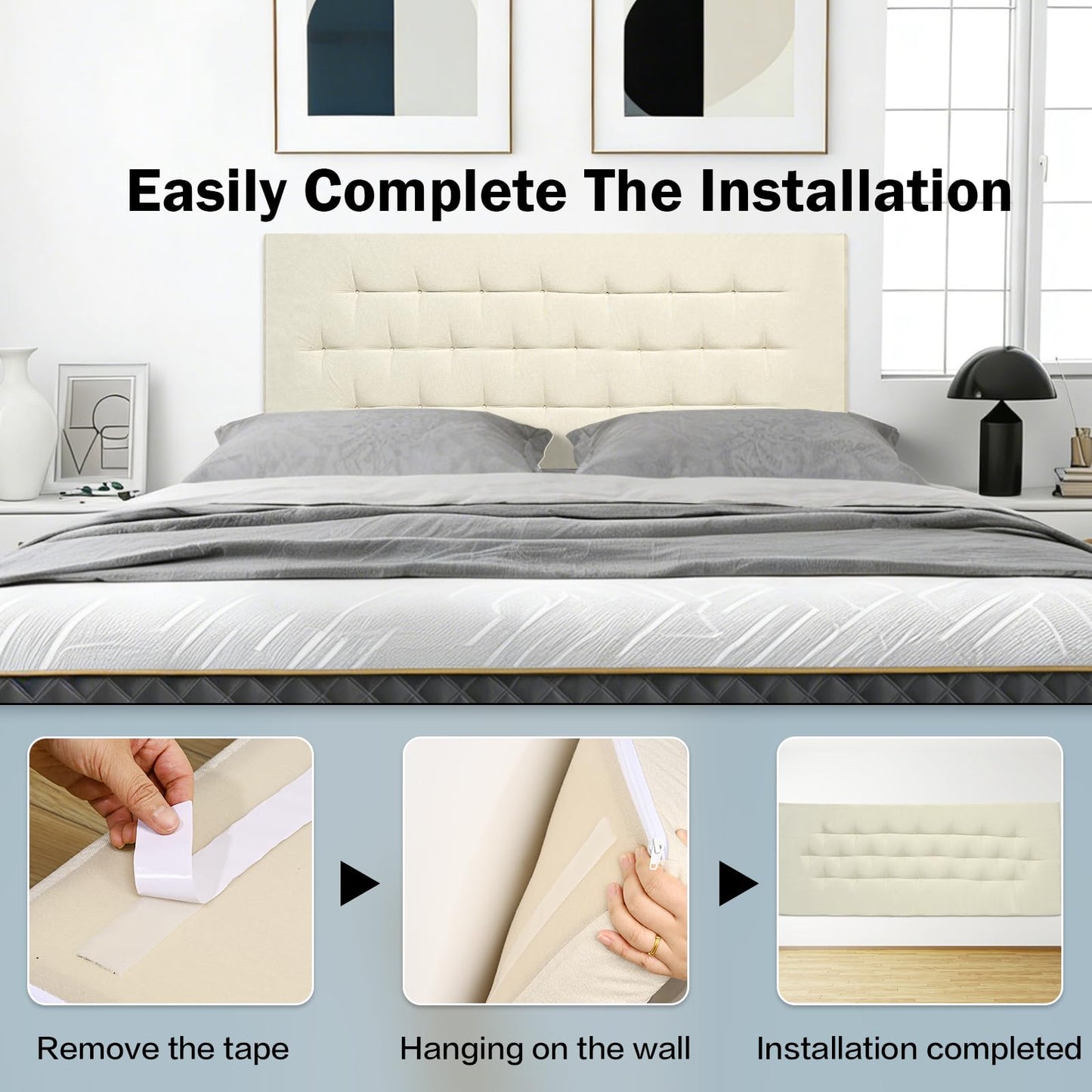 Wouherkexm Upholstered Headboard Full Size, 54" x 21" Easy No-Tools Wall Mounted Bed Headboards, Modern Linen Button Diamond Tufted Design, Beige
