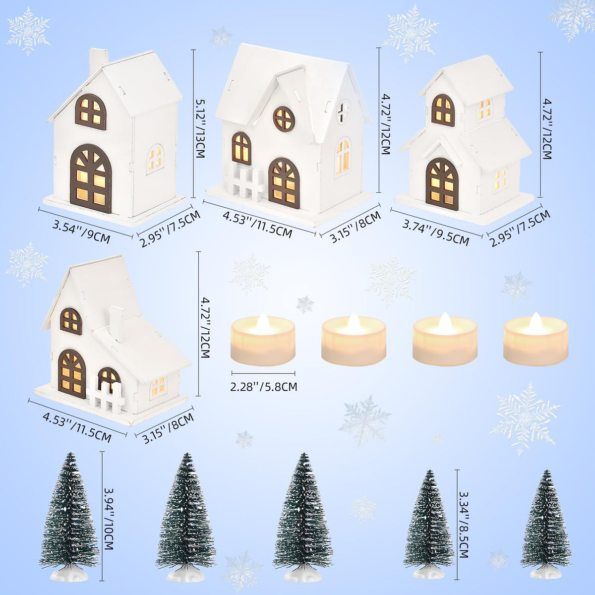 Ovootok Wood & Plastic Christmas Sculpture Set, 9pcs, Including 4 LED Lighted Houses and 5 Frosted Trees for Tabletop Mantel Décor