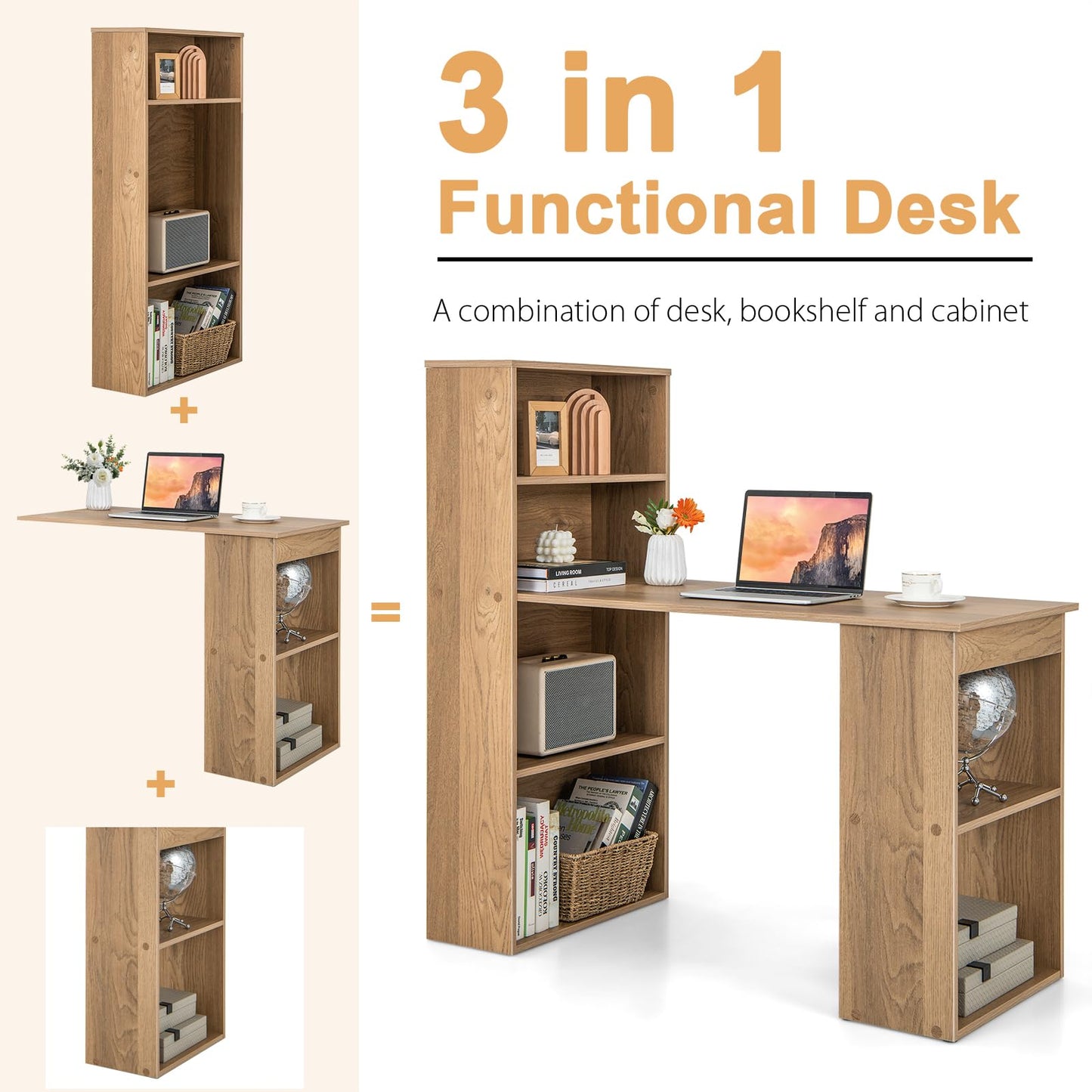 Tangkula Computer Desk with Bookshelf, Writing Study Desk with Storage Shelves & CPU Stand, Modern Compact Computer Workstation for Home & Office, Space-Saving Design(Natural)