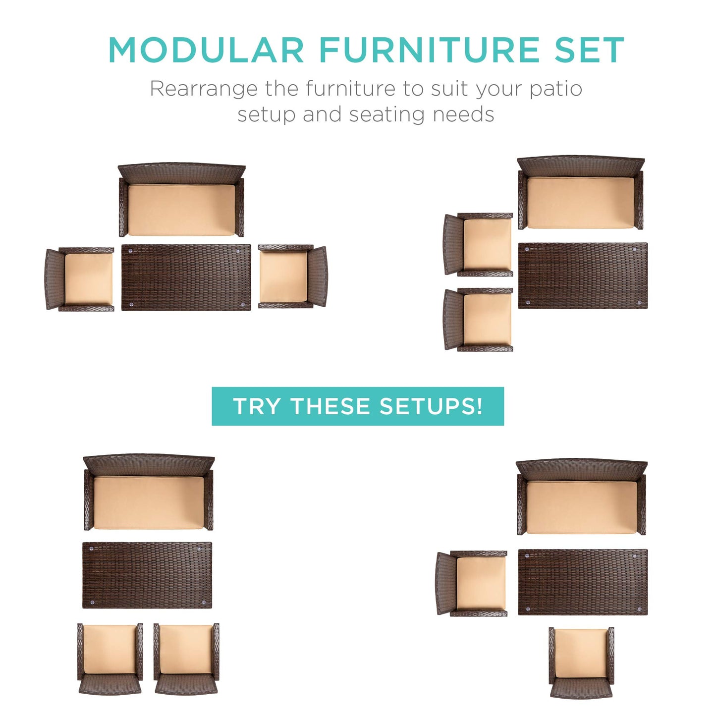 Best Choice Products 4-Piece Outdoor Wicker Patio Conversation Furniture Set for Backyard w/Coffee Table, Seat Cushions - Brown/Beige