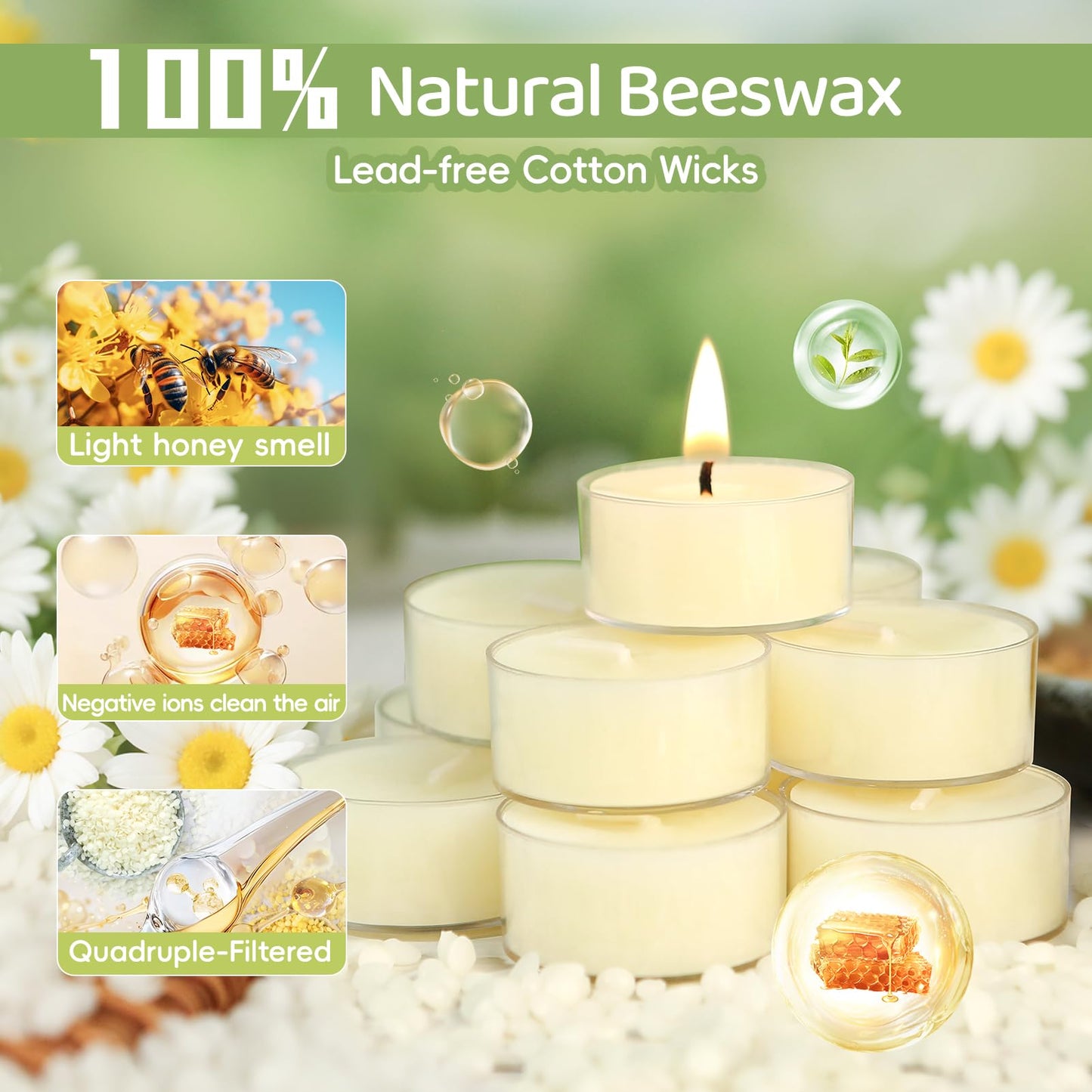 48Pcs White Beeswax Tea Light Candles-4 Hour Burn Time,100% Pure Natural Beeswax-Clean Burning & Air Purifying, Smokeless Bulk Tea Lights for Spa,Meditation,Wedding & Home Decor