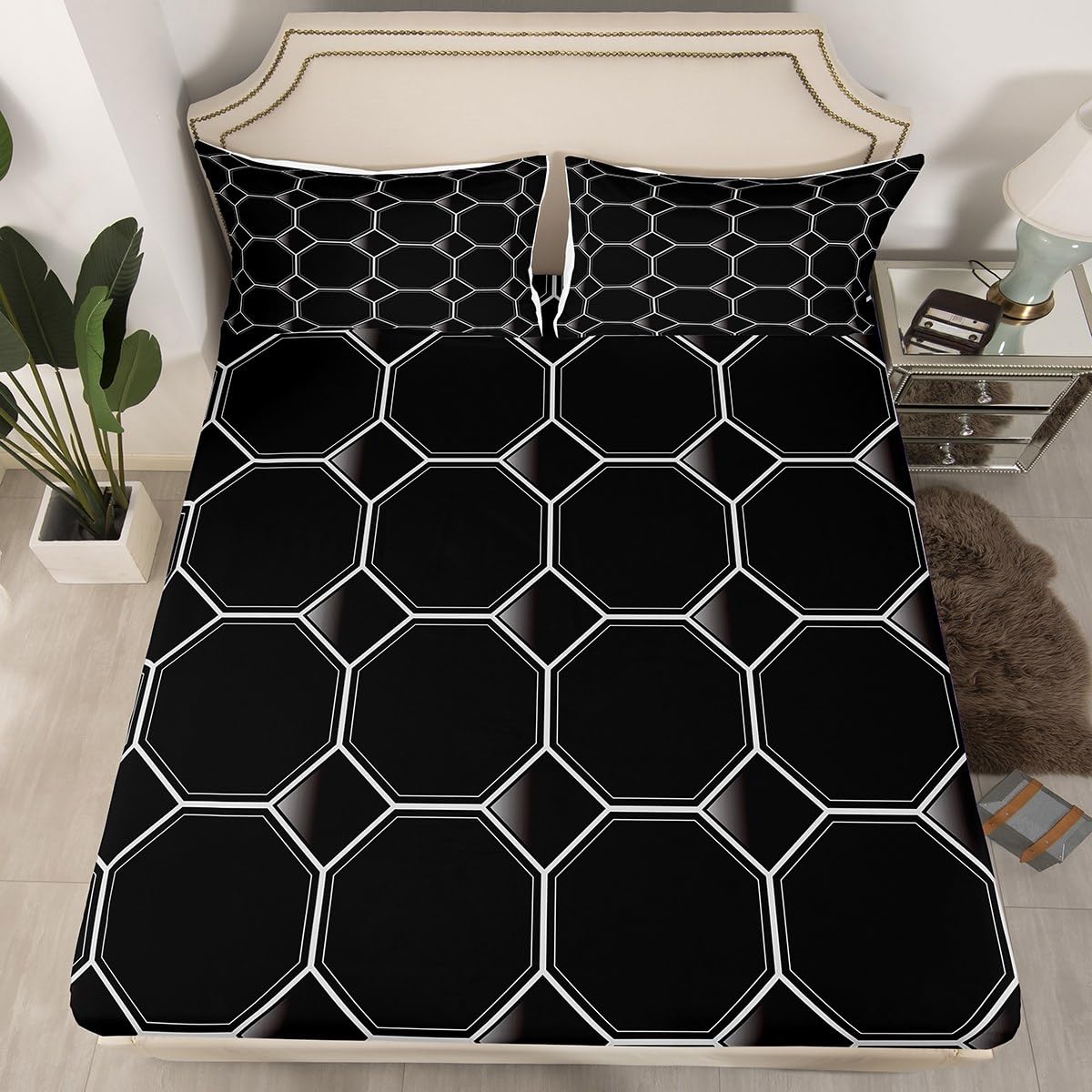 Erosebridal Honeycomb Bed Sheets Set Queen Size Geometric Hexagonal Beehive Sheet Set for Boys,3D Stereoscopic Grey Hexagon Sheets,Neon Simplistic Geometrical Black Room Decor