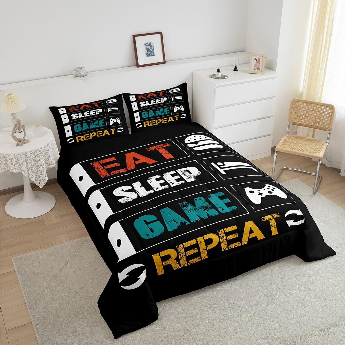 Boys Gaming Comforter Sets for Kids Queen Size Gamer Bedding Set Teens Video Games Comforter Duvet Room Decor Funny Creative Eat Sleep Game Repeat Design Reversible Inner Fill Quilt Set All Season
