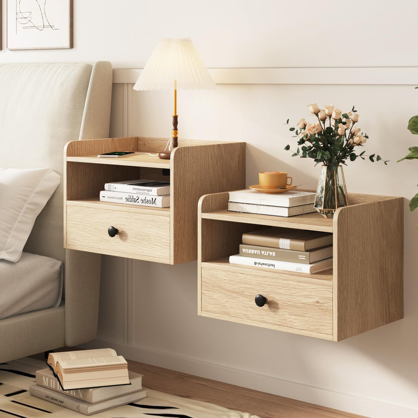 Floating Nightstand Set of 2 Modern Night Stands with Drawer and Open Shelf Cubby Small Bedside End Table with Charging Station Wall Mounted Nightstands Set 2 for Bedroom Natural
