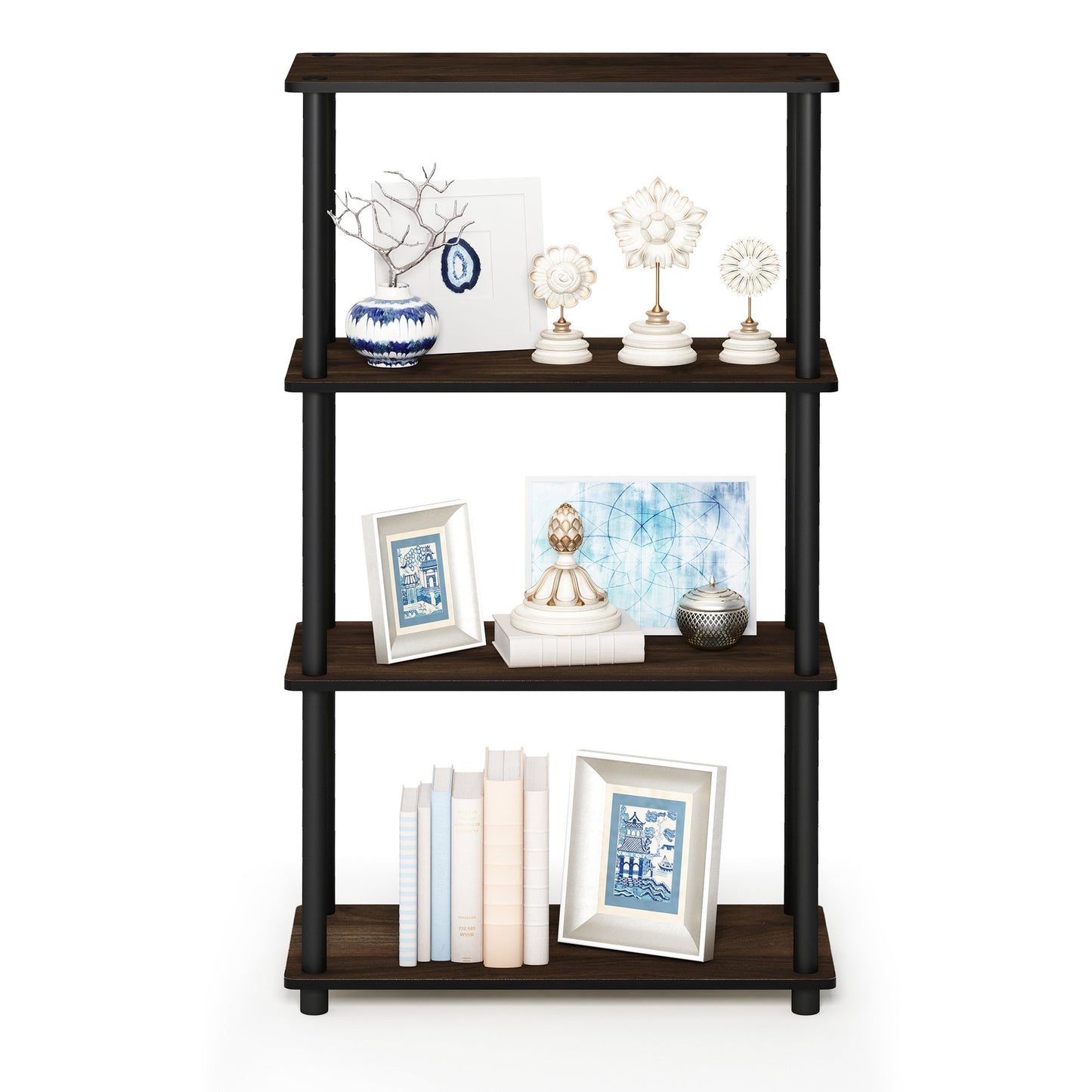 Furinno Turn-N-Tube 4-Tier Multipurpose Shelf Display Rack, Round Tubes, Columbia Walnut/Black