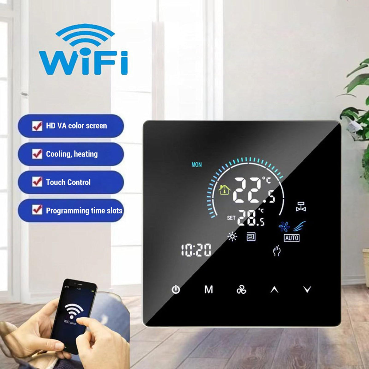 Denash Touchscreen Smart Thermostat,Programmable Central Air Conditioner Thermostat, 5 to 60℃ Adjustable Temperature Controller IP20 for Offices Hotels