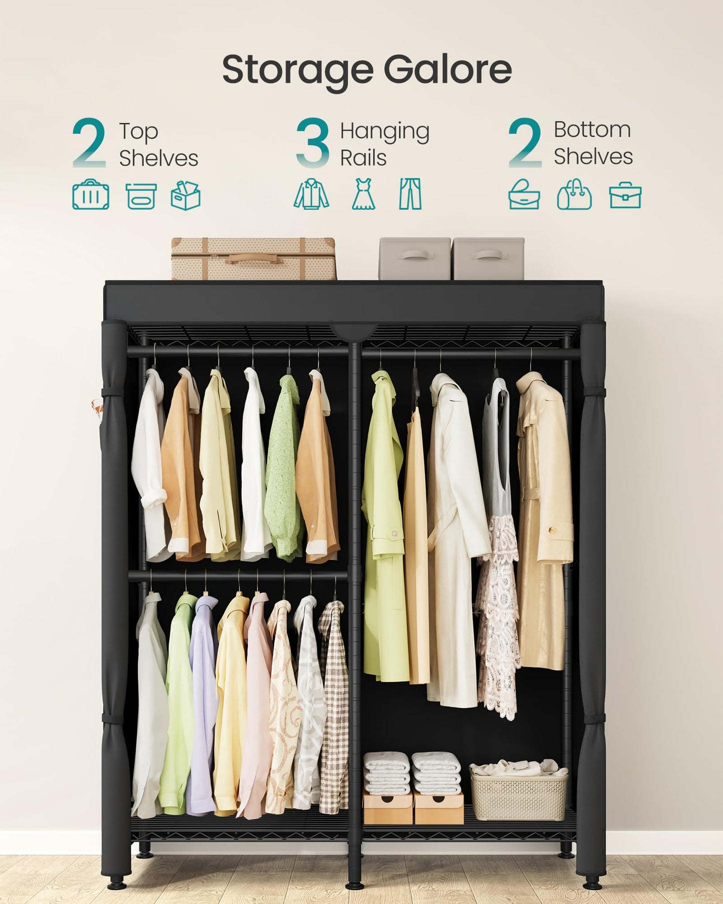 SONGMICS Clothing Rack, Heavy-Duty Garment Rack with Adjustable Storage Shelves and Hanging Rails, Fabric Cover, Freestanding Portable Wardrobe Closet, Ink Black ULGR424BH01