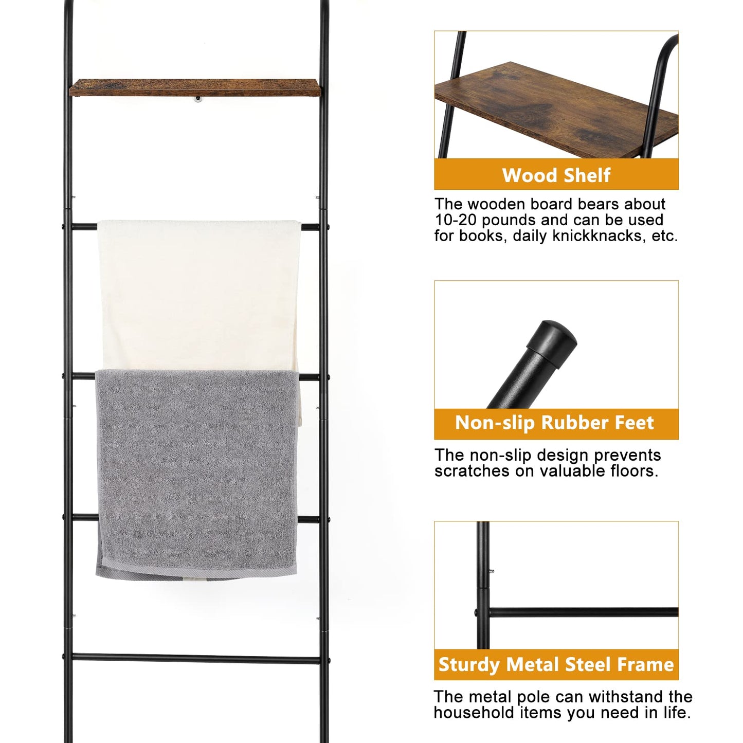 Vrisa Blanket Ladder Wall Leaning Blanket Rack Farmhouse 5-Tier Metal Blanket Holder with Shelf Bath Towel Storage for Bathroom Quilt Bedroom Living Room Pool Black