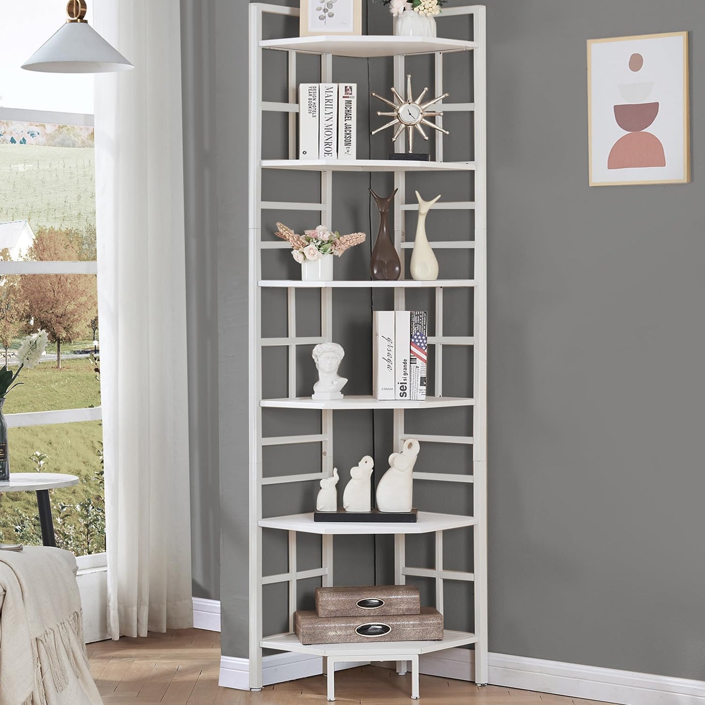 HOMISSUE Corner Shelf, 6 Tier Tall Narrow Bookshelf 76.9", Industrial Corner Bookcase with Storage for Home Office Living Room and Bedroom, White