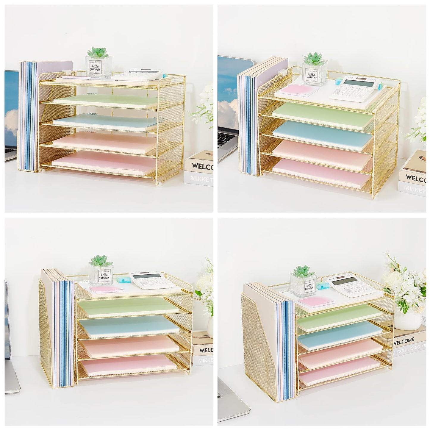 OPNICE Desk Organizer, 5-Tier Paper Organizer Letter Tray with Magazine Holder, Office Desk Accessories & Workspace Organizers, Desktop File Organizer for Office Supplies Storage, Gold