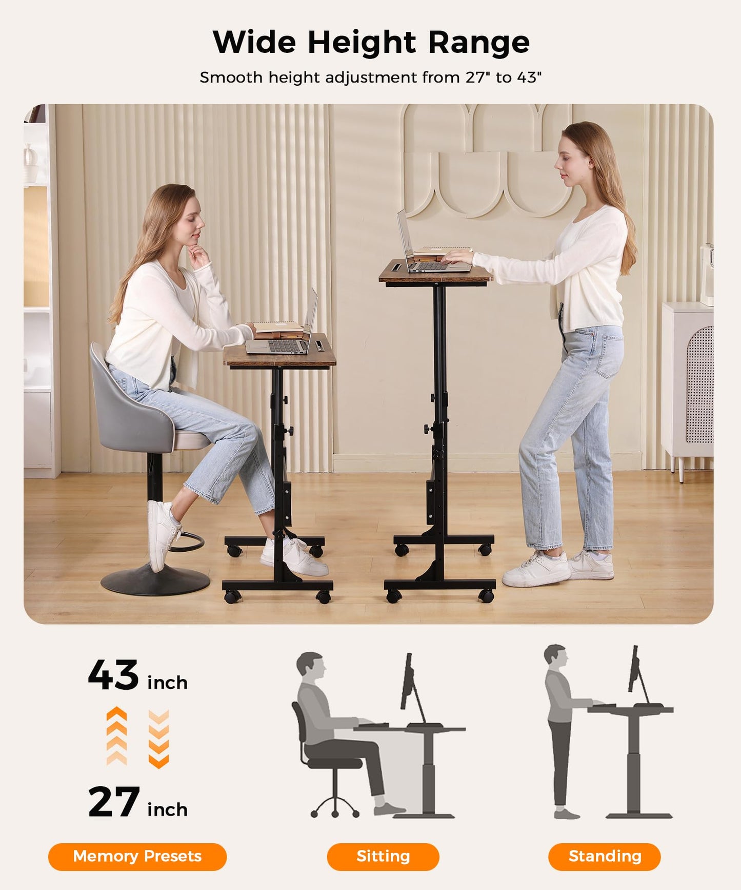 Standing Desk Adjustable Height, Mobile Stand Up Desks with Wheels Small Computer Desks Rolling Desk, Portable Laptop Desks Rustic Standing Table Sit Stand Home Office Desks 16"x31.5" Height 27"-43.5"