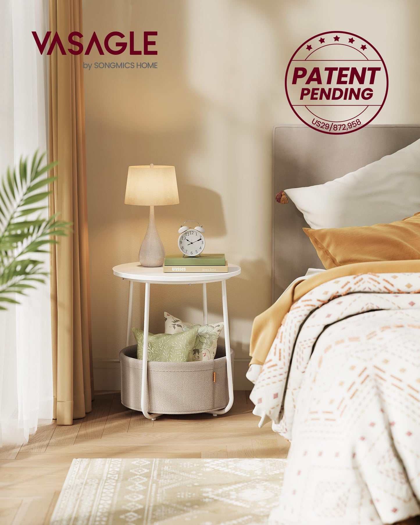 VASAGLE LILEA Collection - Small Round Side End Table, Modern Nightstand with Fabric Basket, Matte White and Camel Brown ULET223W10
