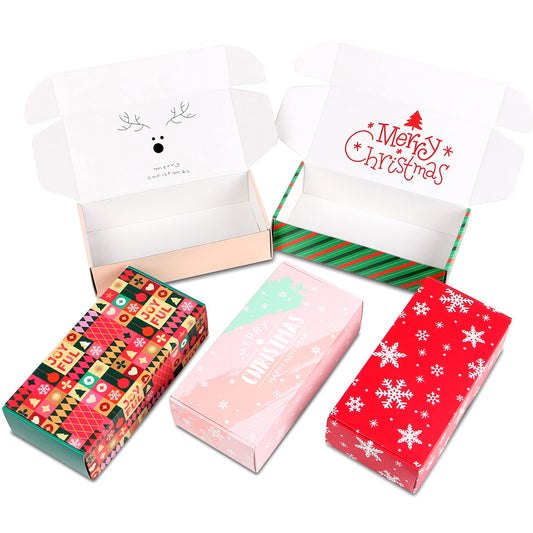 TONESPAC 25 Pack 8x4x2 inch Small Christmas Gift Box with Lid, Recyclable Corrugated Cardboard Shipping Boxes for Small Business,Gift Packaging,Specially Designed Box. (8"x4"x2",Xmas Mix Pattern)
