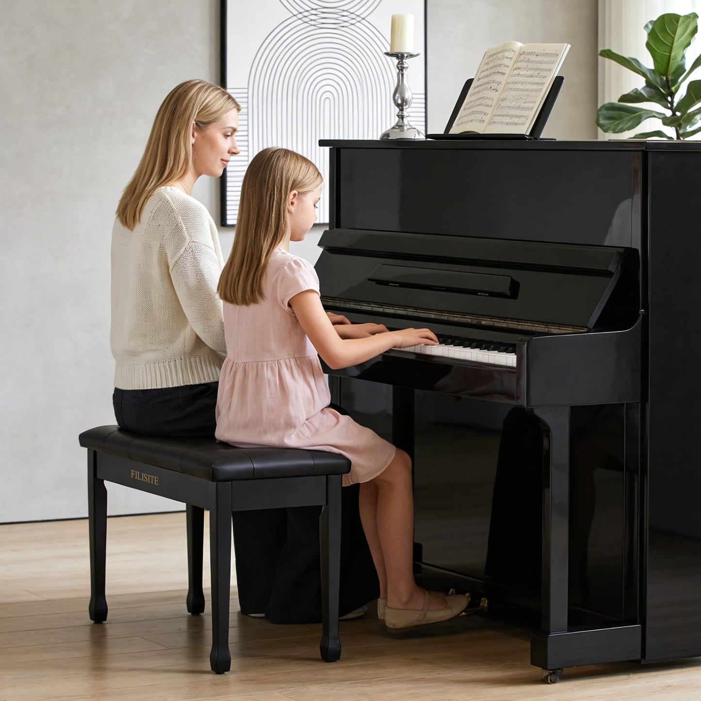 FILISITE Duet Piano Bench with Storage, Wooden Piano Stool with Waterproof Padded Cushion, Bench Seat for Vanity, Living Room, Bedroom (Black)