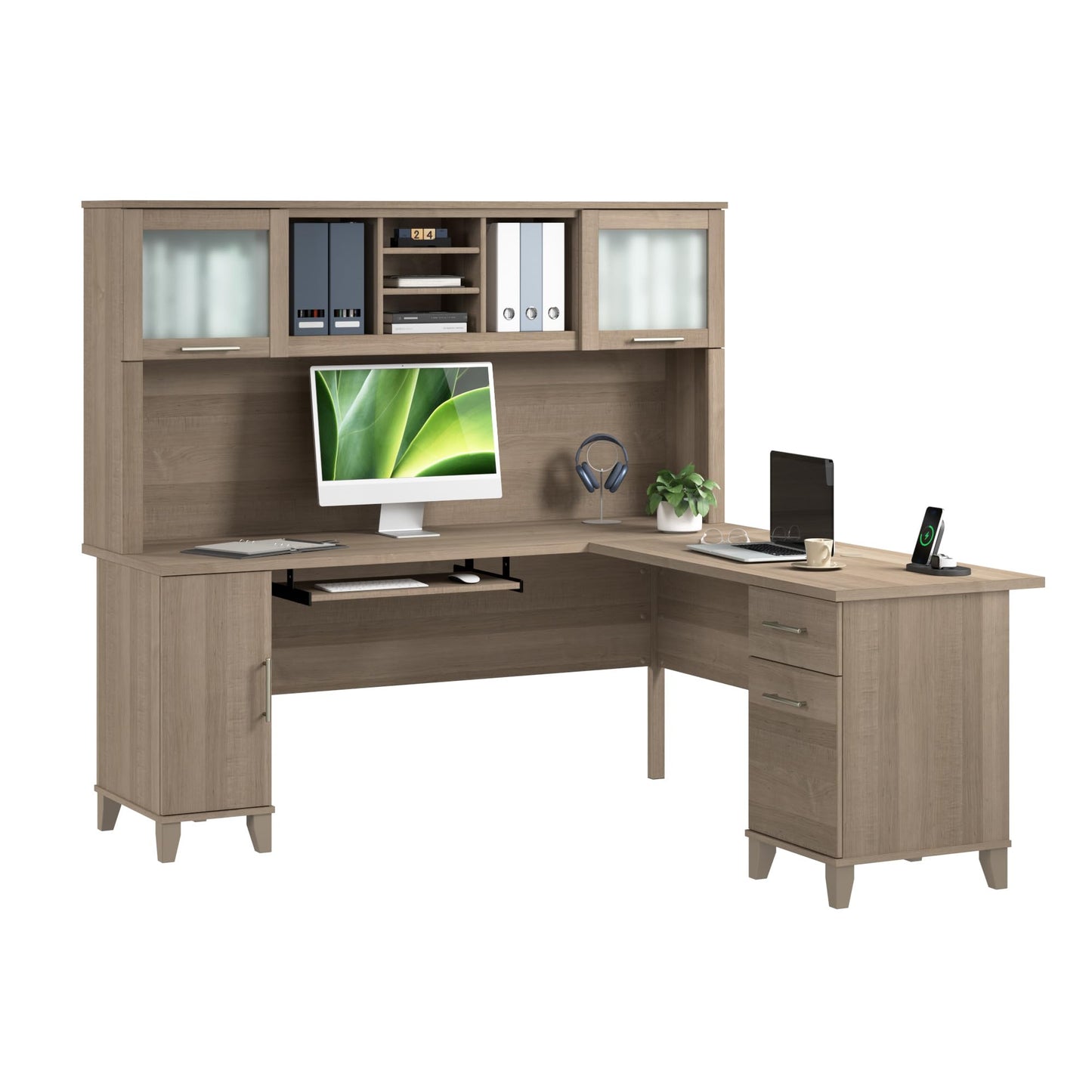 Bush Home 72-Inch L-Shaped Desk with Hutch, Corner Computer Office Desk with File and Box Drawers, Shelves and Storage Cabinet, Home Office Workstation, Somerset Collection, Ash Gray