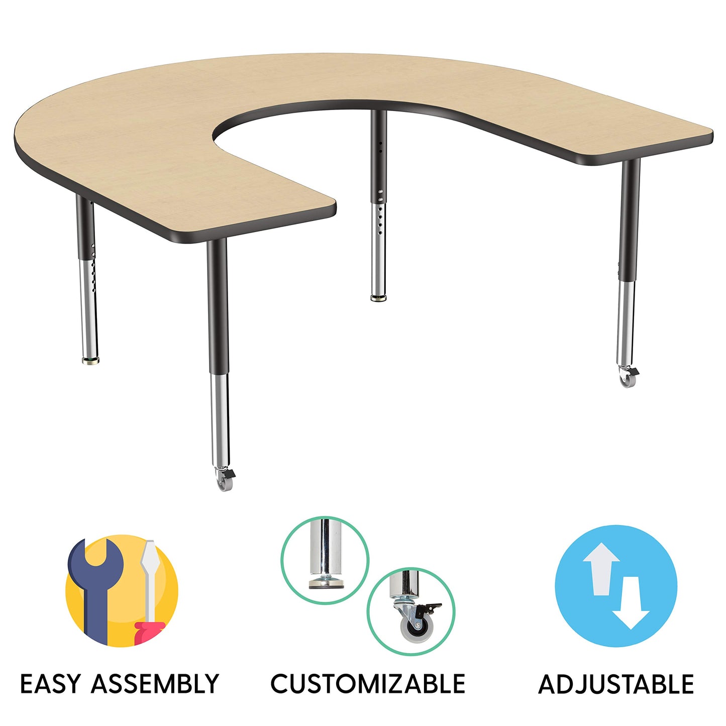 FDP Mobile Horseshoe Activity School and Office Table (60 x 66 inch), Super Legs with Glides and Casters for Collaborative Environments, Adjustable Height 19-30 inches - Maple Top and Black Edge