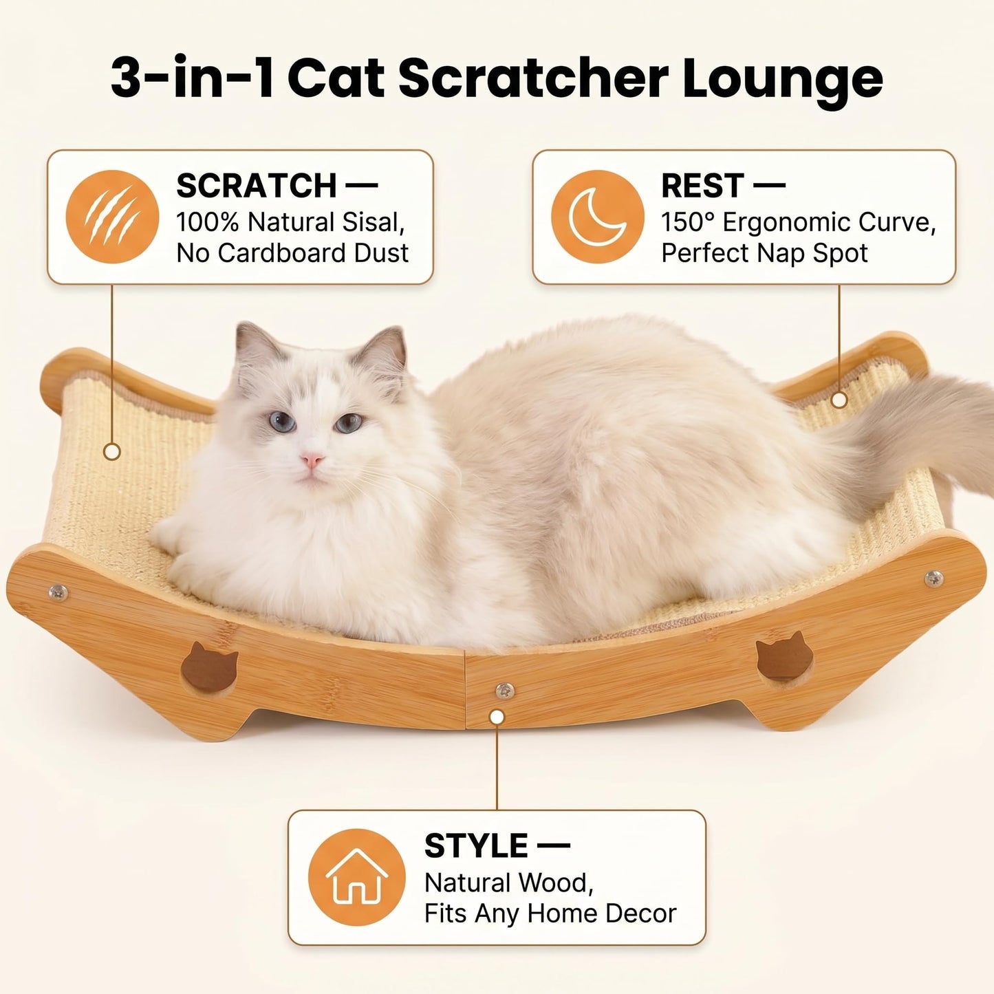 meenguo-pisa Cat Scratcher & Scratching Lounge, 3-in-1 Sisal Bed & Hammock for Indoor Cats, Wood Frame, Curved Lounge, Large 23.6x13.8in, Cat Furniture, 20 lbs