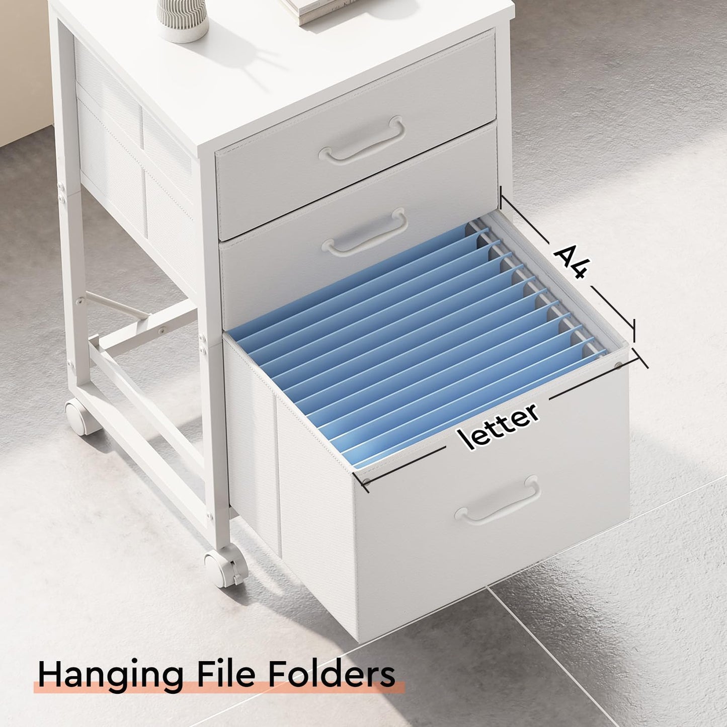 Maihail 3 Drawer Mobile File Cabinet with Wheels Fabric Vertical Filing Cabinet fits A4 or Letter Size for Home Office,White